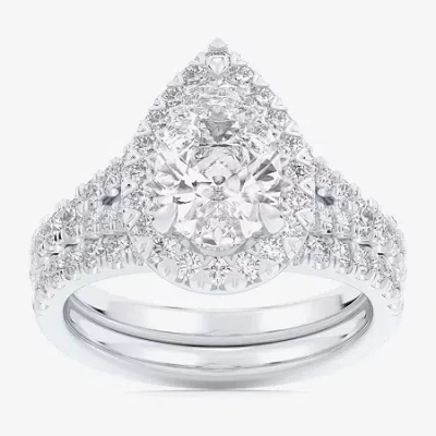Modern Bride (g-h / Si1-si2) Womens 1 5/8 Ct. T.w. Lab Grown White Diamond 14k White Gold Pear Side Stone Halo Br In Silver
