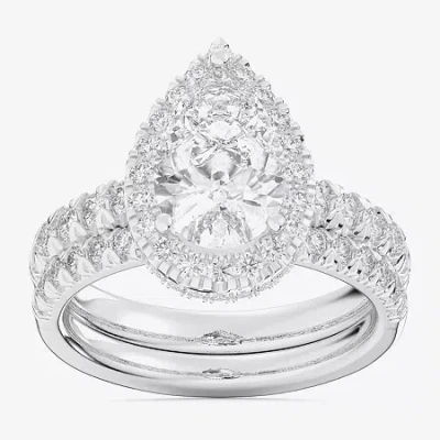 Modern Bride (g-h / Si1-si2) Womens 1 5/8 Ct. T.w. Lab Grown White Diamond 14k White Gold Pear Side Stone Halo Br In Silver
