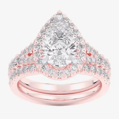 Modern Bride (g-h / Si1-si2) Womens 1 5/8 Ct. T.w. Lab Grown White Diamond 14k White Gold Pear Side Stone Halo Br In Pink