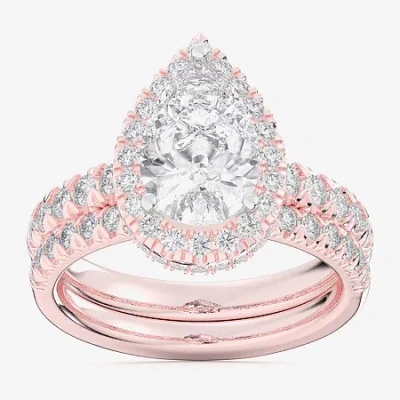Modern Bride (g-h / Si1-si2) Womens 1 5/8 Ct. T.w. Lab Grown White Diamond 14k White Gold Pear Side Stone Halo Br In Pink