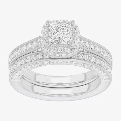 Modern Bride (g-h / Si1-si2) Womens 1 7/8 Ct. T.w. Lab Grown White Diamond 14k Gold Cushion Side Stone Halo Engag In Silver