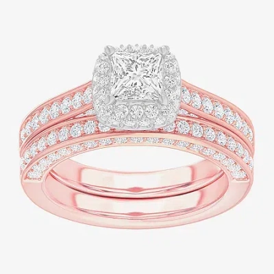 Modern Bride (g-h / Si1-si2) Womens 1 7/8 Ct. T.w. Lab Grown White Diamond 14k Gold Cushion Side Stone Halo Engag In Pink