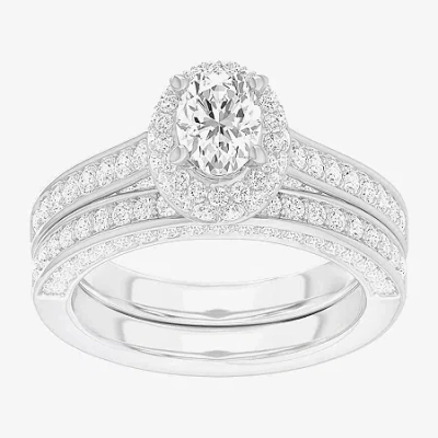 Modern Bride (g-h / Si1-si2) Womens 1 7/8 Ct. T.w. Lab Grown White Diamond 14k Gold Oval Side Stone Halo Engageme In Silver