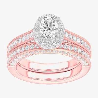 Modern Bride (g-h / Si1-si2) Womens 1 7/8 Ct. T.w. Lab Grown White Diamond 14k Gold Oval Side Stone Halo Engageme In Pink