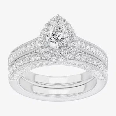 Modern Bride (g-h / Si1-si2) Womens 1 7/8 Ct. T.w. Lab Grown White Diamond 14k Gold Pear Side Stone Halo Engageme In Silver