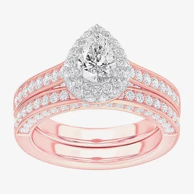Modern Bride (g-h / Si1-si2) Womens 1 7/8 Ct. T.w. Lab Grown White Diamond 14k Gold Pear Side Stone Halo Engageme In Pink