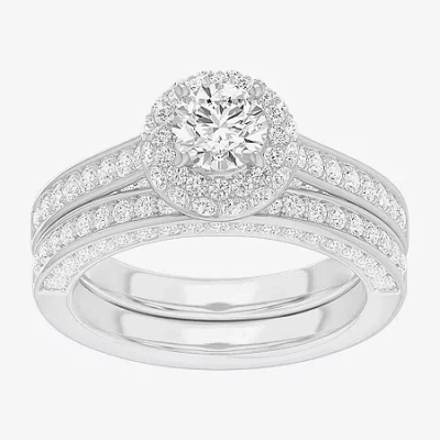Modern Bride (g-h / Si1-si2) Womens 1 7/8 Ct. T.w. Lab Grown White Diamond 14k Gold Round Side Stone Halo Bridal  In Silver