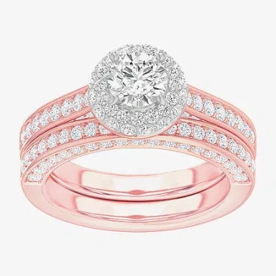 Modern Bride (g-h / Si1-si2) Womens 1 7/8 Ct. T.w. Lab Grown White Diamond 14k Gold Round Side Stone Halo Bridal  In Pink
