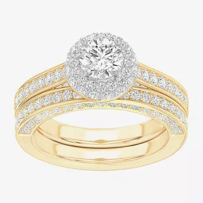 Modern Bride (g-h / Si1-si2) Womens 1 7/8 Ct. T.w. Lab Grown White Diamond 14k Gold Round Side Stone Halo Bridal  In Yellow