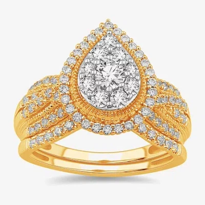 Modern Bride (g-h / Si1-si2) Womens 1 Ct. T.w. Lab Grown Diamond Pear Shape Halo Bridal Set In 10k Gold In Yellow