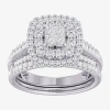 Modern Bride (g-h / Si1-si2) Womens 1 Ct. T.w. Lab Grown White Diamond 10k Gold Cushion Side Stone Bridal Set In Silver