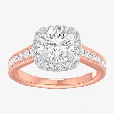 Modern Bride (g-h / Si1-si2) Womens 2 1/2 Ct. T.w. Lab Grown White Diamond 14k Gold Cushion Side Stone Halo Engag In Pink