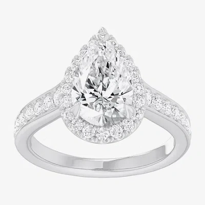 Modern Bride (g-h / Si1-si2) Womens 2 1/2 Ct. T.w. Lab Grown White Diamond 14k Gold Pear Side Stone Halo Engageme In Silver