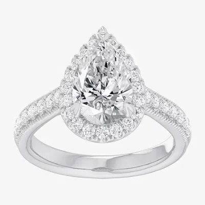 Modern Bride (g-h / Si1-si2) Womens 2 1/2 Ct. T.w. Lab Grown White Diamond 14k Gold Pear Side Stone Halo Engageme In Silver