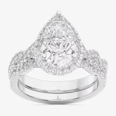 Modern Bride (g-h / Si1-si2) Womens 2 3/4 Ct. T.w. Lab Grown White Diamond 14k Gold Pear Side Stone Halo Bridal S In Silver