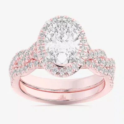 Modern Bride (g-h / Si1-si2) Womens 2 3/4 Ct. T.w. Lab Grown White Diamond 14k White Gold Oval Side Stone Halo Br In Pink