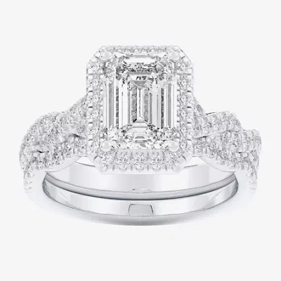 Modern Bride (g-h / Si1-si2) Womens 2 3/4 Ct. T.w. Lab Grown White Diamond 14k White Gold Side Stone Halo Bridal  In Silver