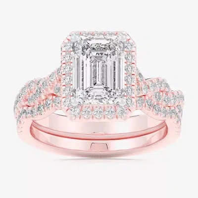 Modern Bride (g-h / Si1-si2) Womens 2 3/4 Ct. T.w. Lab Grown White Diamond 14k White Gold Side Stone Halo Bridal  In Pink