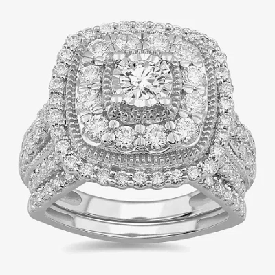 Modern Bride (g-h / Si1-si2) Womens 2 Ct. T.w. Lab Grown White Diamond 10k Gold Cushion Side Stone Bridal Set In Silver