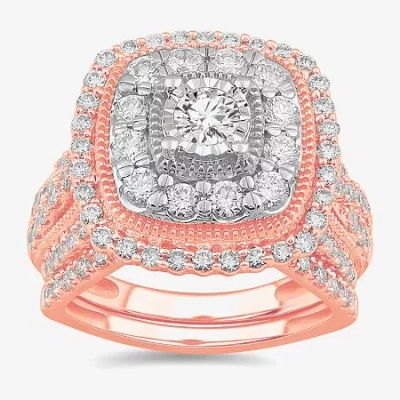 Modern Bride (g-h / Si1-si2) Womens 2 Ct. T.w. Lab Grown White Diamond 10k Gold Cushion Side Stone Bridal Set In Pink