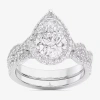Modern Bride (g-h / Si1-si2) Womens 3 3/4 Ct. T.w. Lab Grown White Diamond 14k Gold Pear Side Stone Halo Bridal S In Silver