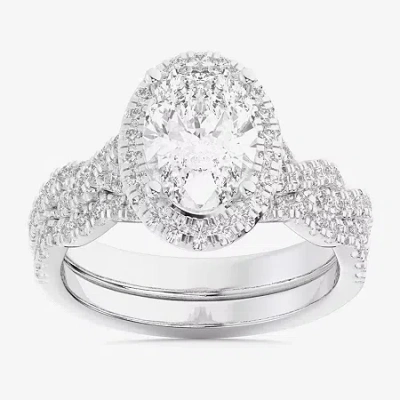 Modern Bride (g-h / Si1-si2) Womens 3 3/4 Ct. T.w. Lab Grown White Diamond 14k White Gold Oval Side Stone Halo Br In Silver