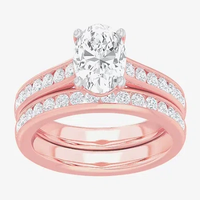 Modern Bride (g-h / Si1-si2) Womens 3 Ct. T.w. Lab Grown White Diamond 14k Gold Oval Side Stone Bridal Set In Pink