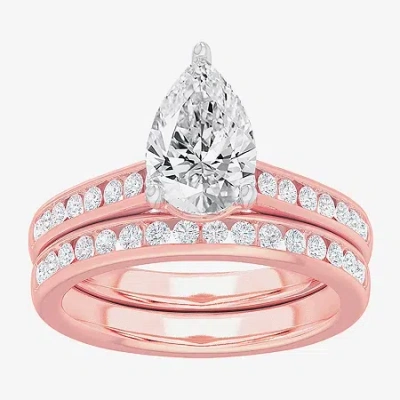 Modern Bride (g-h / Si1-si2) Womens 3 Ct. T.w. Lab Grown White Diamond 14k Gold Pear Side Stone Bridal Set In Brown