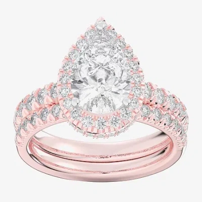 Modern Bride (g-h / Si1-si2) Womens 3 Ct. T.w. Lab Grown White Diamond 14k Gold Pear Side Stone Halo Bridal Set In Pink
