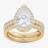Modern Bride (g-h / Si1-si2) Womens 3 Ct. T.w. Lab Grown White Diamond 14k Gold Pear Side Stone Halo Bridal Set In Gold