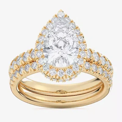 Modern Bride (g-h / Si1-si2) Womens 3 Ct. T.w. Lab Grown White Diamond 14k Gold Pear Side Stone Halo Bridal Set