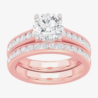 Modern Bride (g-h / Si1-si2) Womens 3 Ct. T.w. Lab Grown White Diamond 14k Gold Round Side Stone Bridal Set In Pink