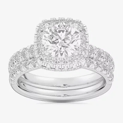 Modern Bride (g-h / Si1-si2) Womens 3 Ct. T.w. Lab Grown White Diamond 14k Gold Round Side Stone Halo Bridal Set In Silver