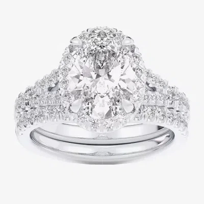 Modern Bride (g-h / Si1-si2) Womens 3 Ct. T.w. Lab Grown White Diamond 14k White Gold Oval Side Stone Halo Bridal In Silver