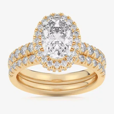 Modern Bride (g-h / Si1-si2) Womens 3 Ct. T.w. Lab Grown White Diamond 14k White Gold Oval Side Stone Halo Bridal In Yellow