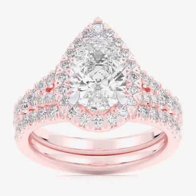 Modern Bride (g-h / Si1-si2) Womens 3 Ct. T.w. Lab Grown White Diamond 14k White Gold Pear Side Stone Halo Bridal In Pink