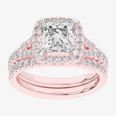 Modern Bride (g-h / Si1-si2) Womens 3 Ct. T.w. Lab Grown White Diamond 14k White Gold Side Stone Halo Bridal Set In Pink