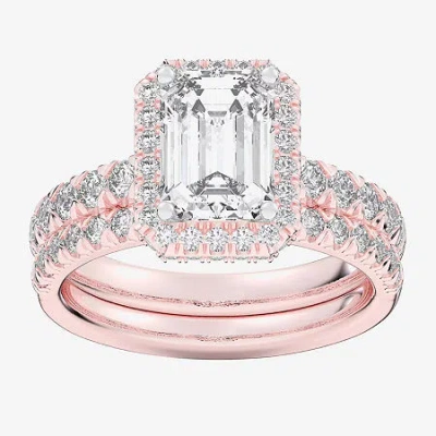 Modern Bride (g-h / Si1-si2) Womens 3 Ct. T.w. Lab Grown White Diamond 14k White Gold Side Stone Halo Bridal Set In Pink