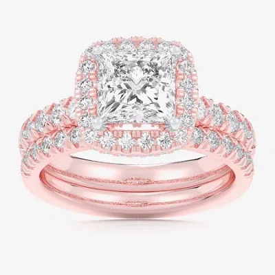Modern Bride (g-h / Si1-si2) Womens 3 Ct. T.w. Lab Grown White Diamond 14k White Gold Side Stone Halo Bridal Set In Pink