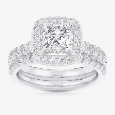 Modern Bride (g-h / Si1-si2) Womens 4 1/4 Ct. T.w. Lab Grown White Diamond 14k White Gold Side Stone Halo Bridal  In Silver