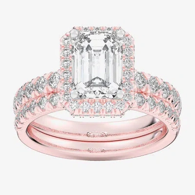 Modern Bride (g-h / Si1-si2) Womens 4 1/4 Ct. T.w. Lab Grown White Diamond 14k White Gold Side Stone Halo Bridal  In Pink