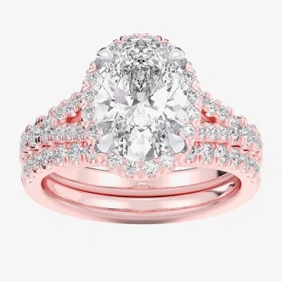 Modern Bride (g-h / Si1-si2) Womens 4 Ct. T.w. Lab Grown White Diamond 14k White Gold Oval Side Stone Halo Bridal In Pink
