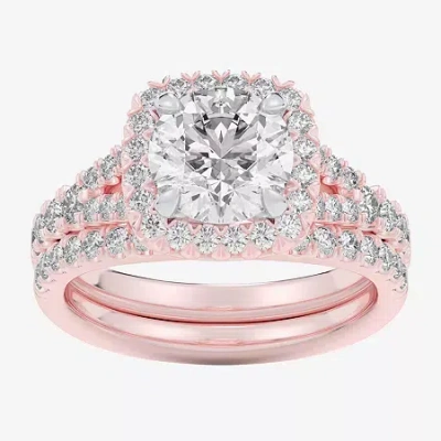 Modern Bride (g-h / Si1-si2) Womens 4 Ct. T.w. Lab Grown White Diamond 14k White Gold Round Side Stone Halo Brida In Pink