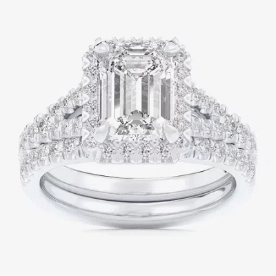 Modern Bride (g-h / Si1-si2) Womens 4 Ct. T.w. Lab Grown White Diamond 14k White Gold Side Stone Halo Bridal Set In Silver