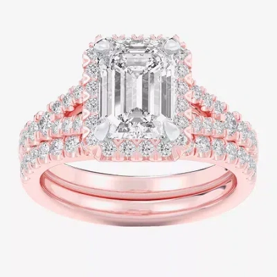 Modern Bride (g-h / Si1-si2) Womens 4 Ct. T.w. Lab Grown White Diamond 14k White Gold Side Stone Halo Bridal Set In Pink