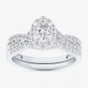 Modern Bride (g-h / Si1-si2) Womens 7/8 Ct. T.w. Lab Grown White Diamond 10k White Gold Oval Side Stone Halo Brid In Silver