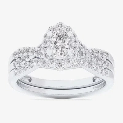 Modern Bride (g-h / Si1-si2) Womens 7/8 Ct. T.w. Lab Grown White Diamond 10k White Gold Oval Side Stone Halo Brid In Silver