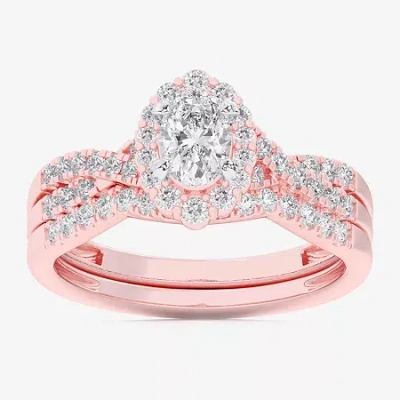 Modern Bride (g-h / Si1-si2) Womens 7/8 Ct. T.w. Lab Grown White Diamond 10k White Gold Oval Side Stone Halo Brid In Pink
