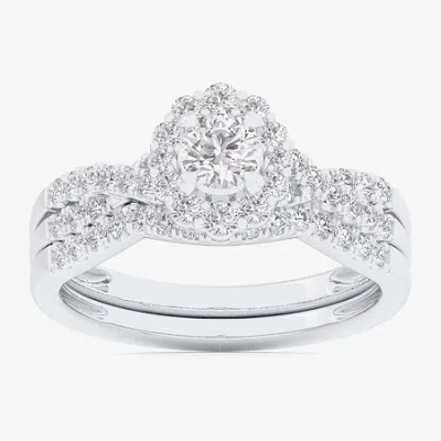 Modern Bride (g-h / Si1-si2) Womens 7/8 Ct. T.w. Lab Grown White Diamond 10k White Gold Round Side Stone Halo Bri In Silver