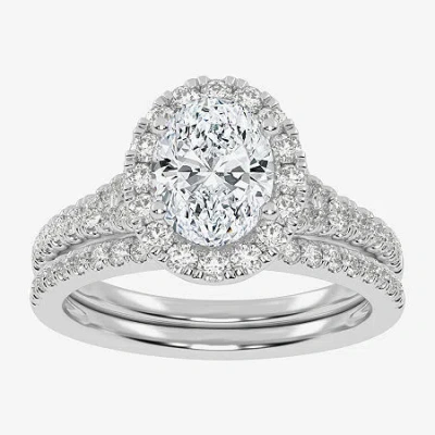 Modern Bride (g-h / Vs2-si1) Womens 1 1/2 Ct. T.w. Lab Grown White Diamond 14k Rose Gold Oval Side Stone Halo Bri In Metallic